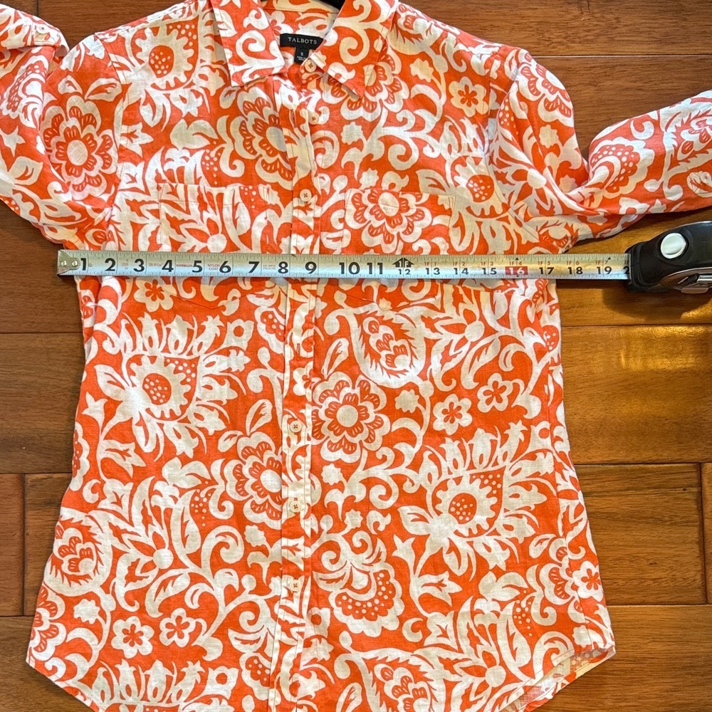 100% Linen Talbots Orange and White Floral Button-Up Shirt Size Small - Picture 6 of 7